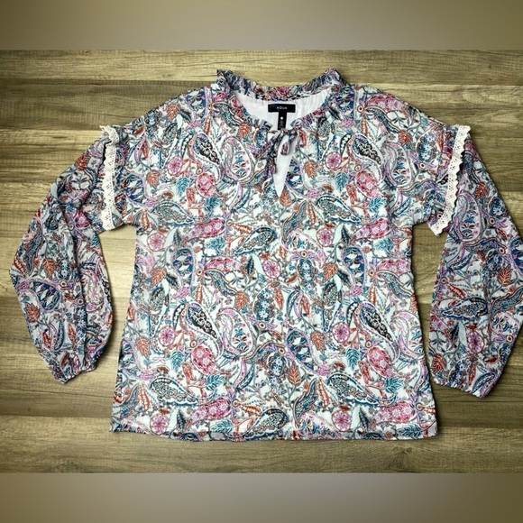 Aqua Tops - Aqua Paisley Lace Trim Top Women's S White Multi Split Tie Neck Long Sleeve